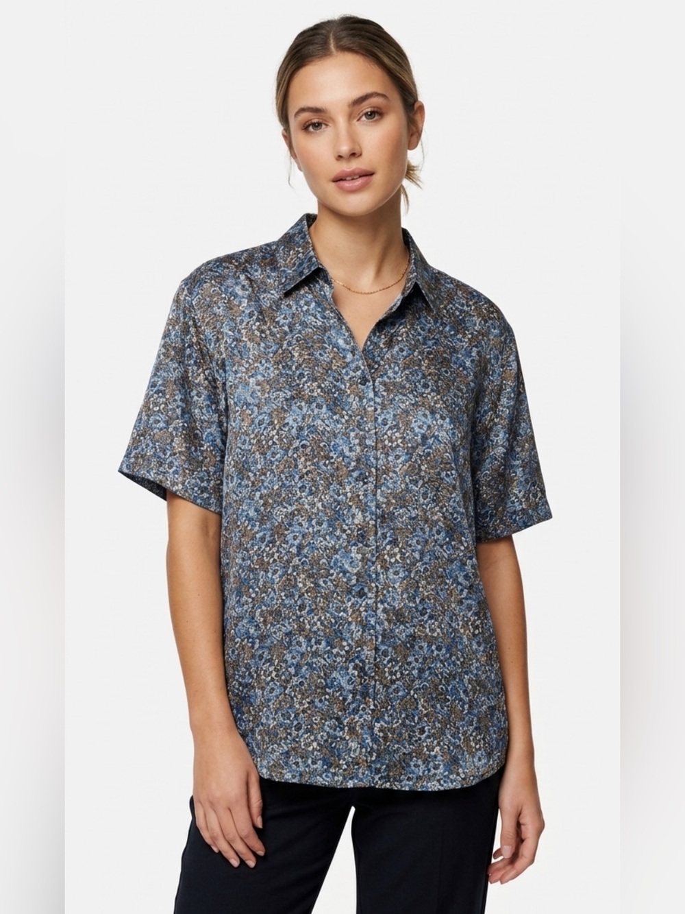 Evidence size L vintage 100% silk Blue Floral Short-Sleeve Button Front Top